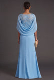 Sky Blue A Line Lace V Neck Ruched Long Formal Dress with Cape