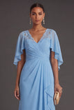 Sky Blue A Line Lace V Neck Ruched Long Formal Dress with Cape