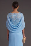 Sky Blue A Line Lace V Neck Ruched Long Formal Dress with Cape