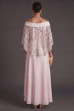 High Low Light Pink Floral Ruffled Formal Dress with Cape