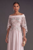 High Low Light Pink Floral Ruffled Formal Dress with Cape