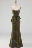 Sparkly Olive Floral Sweetheart Beaded Long Formal Dress
