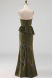 Sparkly Olive Floral Sweetheart Beaded Long Formal Dress