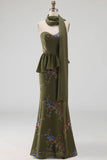 Sparkly Olive Floral Sweetheart Beaded Long Formal Dress