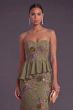 Sparkly Olive Floral Sweetheart Beaded Long Formal Dress