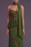 Sparkly Olive Floral Sweetheart Beaded Long Formal Dress
