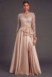 Champagne A Line Floral Illusion Neck Long Formal Dress with Slit