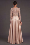 Champagne A Line Floral Illusion Neck Long Formal Dress with Slit