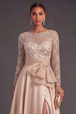 Champagne A Line Floral Illusion Neck Long Formal Dress with Slit