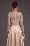 Champagne A Line Floral Illusion Neck Long Formal Dress with Slit