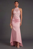 Pink Floral Mermaid Appliqued Ruched High Low Formal Dress