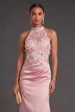 Pink Floral Mermaid Appliqued Ruched High Low Formal Dress