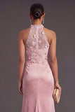 Pink Floral Mermaid Appliqued Ruched High Low Formal Dress