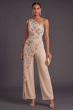 Champagne Floral One Shoulder Long Formal Jumpsuit