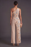 Champagne Floral One Shoulder Long Formal Jumpsuit