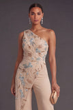 Champagne Floral One Shoulder Long Formal Jumpsuit