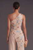 Champagne Floral One Shoulder Long Formal Jumpsuit
