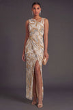 Sheath Champagne Floral One Shoulder Long Formal Dress with Slit