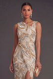 Sheath Champagne Floral One Shoulder Long Formal Dress with Slit