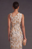 Sheath Champagne Floral One Shoulder Long Formal Dress with Slit