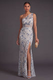 Light Blue Mermaid Floral Sequined Long Formal Dress with Slit