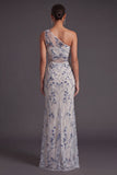 Light Blue Mermaid Floral Sequined Long Formal Dress with Slit
