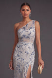Light Blue Mermaid Floral Sequined Long Formal Dress with Slit