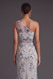 Light Blue Mermaid Floral Sequined Long Formal Dress with Slit