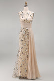 Apricot Floral Mermaid Pleated Appliqued Long Formal Dress
