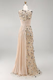 Apricot Floral Mermaid Pleated Appliqued Long Formal Dress