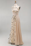 Apricot Floral Mermaid Pleated Appliqued Long Formal Dress
