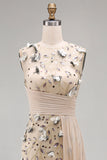 Apricot Floral Mermaid Pleated Appliqued Long Formal Dress