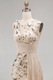 Apricot Floral Mermaid Pleated Appliqued Long Formal Dress