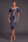 Navy Off the Shoulder Floral Sheath Midi Wedding Guest Dress
