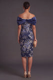 Navy Off the Shoulder Floral Sheath Midi Wedding Guest Dress