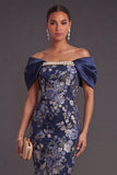 Navy Off the Shoulder Floral Sheath Midi Wedding Guest Dress