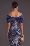 Navy Off the Shoulder Floral Sheath Midi Wedding Guest Dress