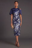 Navy Floral Sheath Midi Wedding Guest Dress with Cape