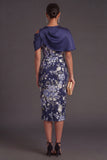 Navy Floral Sheath Midi Wedding Guest Dress with Cape