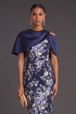 Navy Floral Sheath Midi Wedding Guest Dress with Cape
