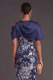 Navy Floral Sheath Midi Wedding Guest Dress with Cape