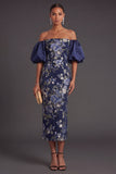 Puff Sleeves Navy Sheath Long Wedding Guest Dress