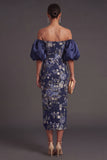 Puff Sleeves Navy Sheath Long Wedding Guest Dress