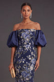 Puff Sleeves Navy Sheath Long Wedding Guest Dress