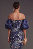 Puff Sleeves Navy Sheath Long Wedding Guest Dress
