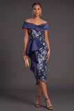 Off the Shoulder Ruffled Floral Navy Midi Wedding Guest Dress