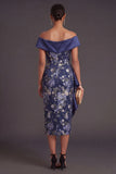 Off the Shoulder Ruffled Floral Navy Midi Wedding Guest Dress