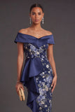Off the Shoulder Ruffled Floral Navy Midi Wedding Guest Dress