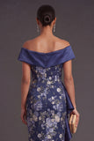 Off the Shoulder Ruffled Floral Navy Midi Wedding Guest Dress