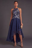 A Line Halter Neck Navy Floral High Low Wedding Guest Dress